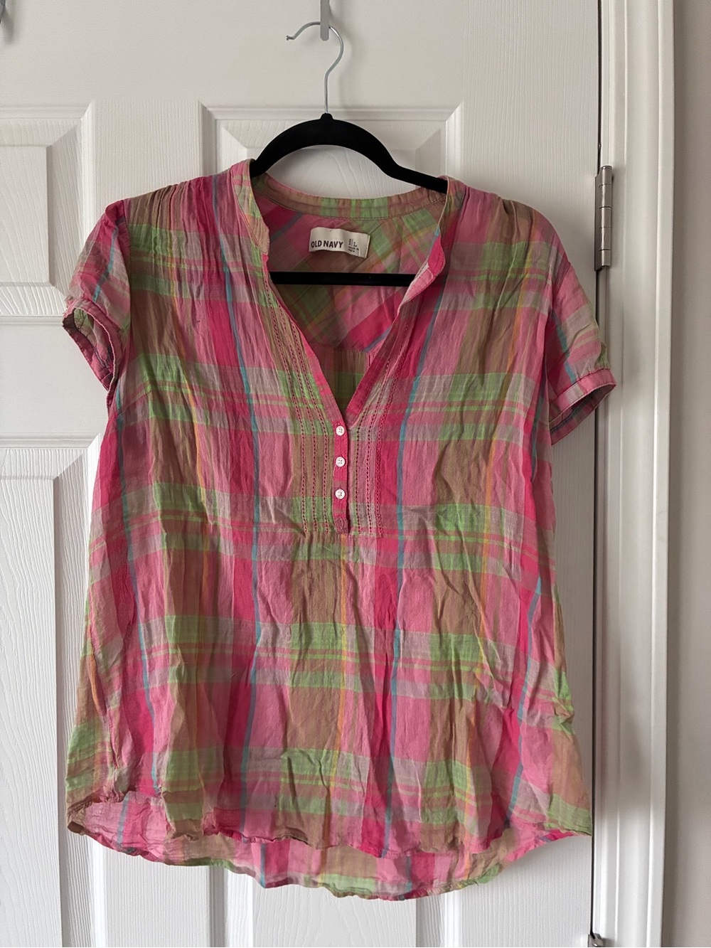 Old Navy Pink & Green Plaid Short-Sleeve Henley Top